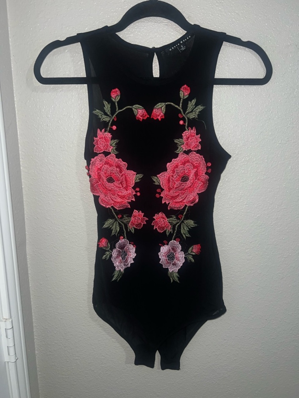 Black Floral Embroidered Sleeveless Bodysuit